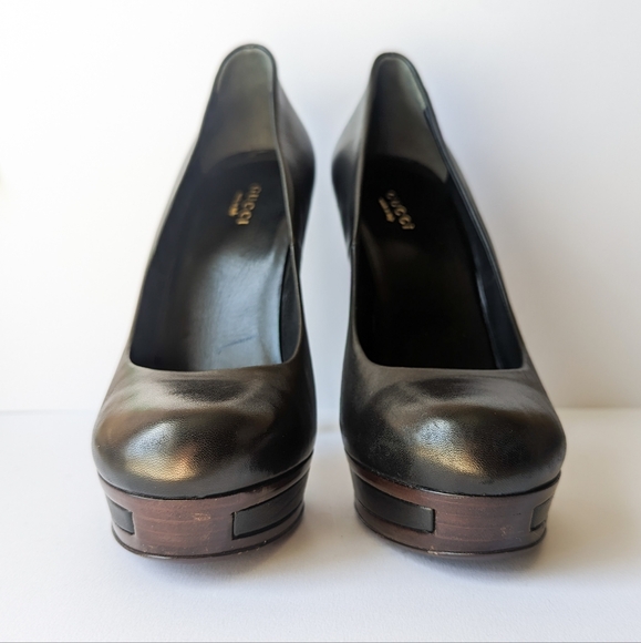 GUCCI Black Leather Platform Pumps/Heels, Round Closed Toe, size US 8.5/EU 38.5 - Picture 4 of 11
